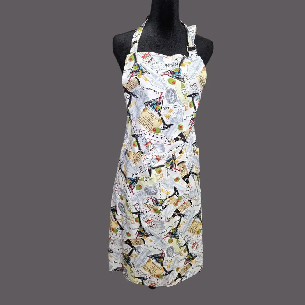Now Designs Epicurean Cocktail Bib Apron One Size Cotton USA Martini Print Olive